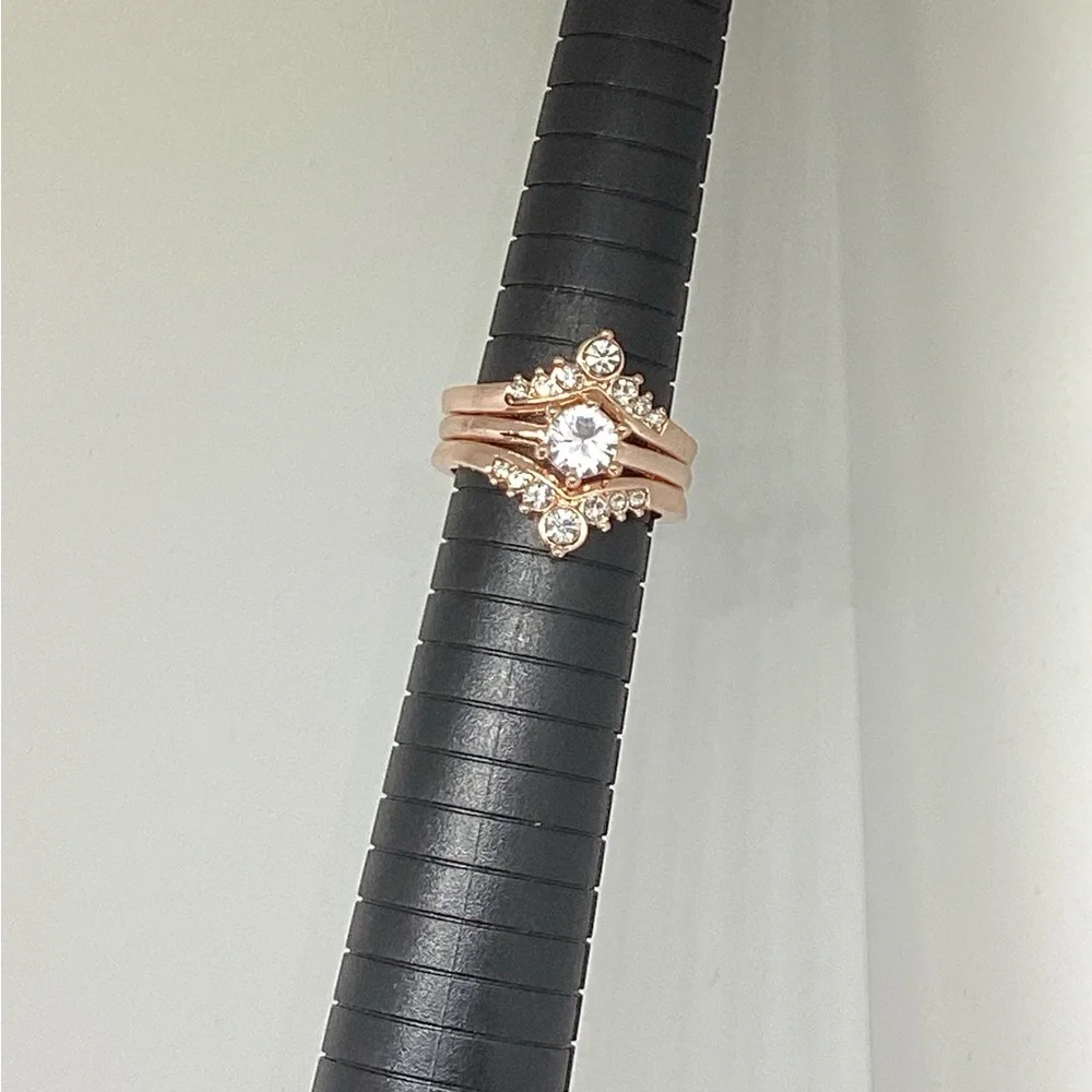 New! 3 Three Piece Stackable Crown Shaped Rose Gold Ring Set Sz 9 Faux Diamonds